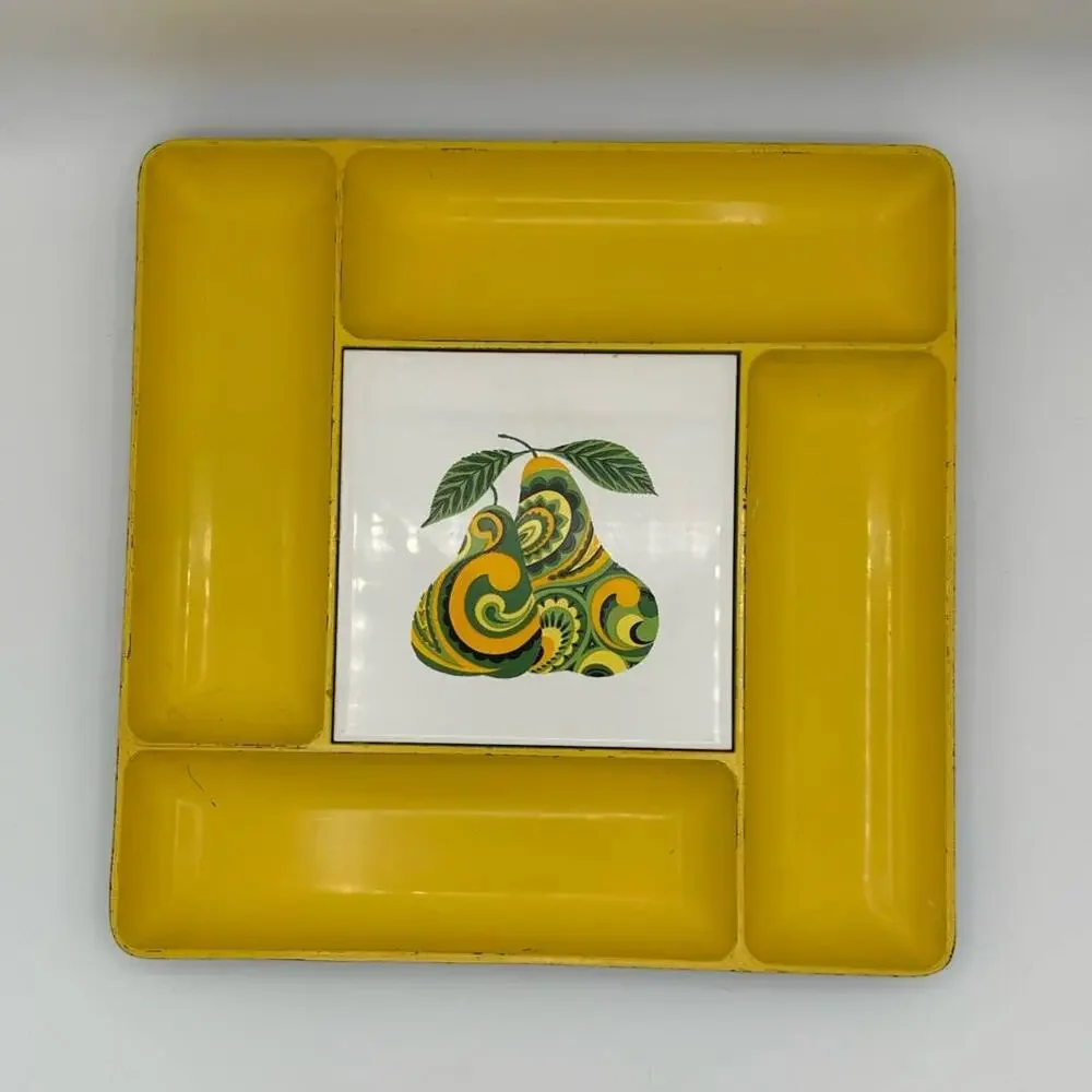 Vintage MCM Plastic Tray, Divided Yellow Tray with Pear Motif